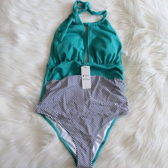 Cupshe Teal and Black Striped One Piece Swimsuit - Picture 3 of 9